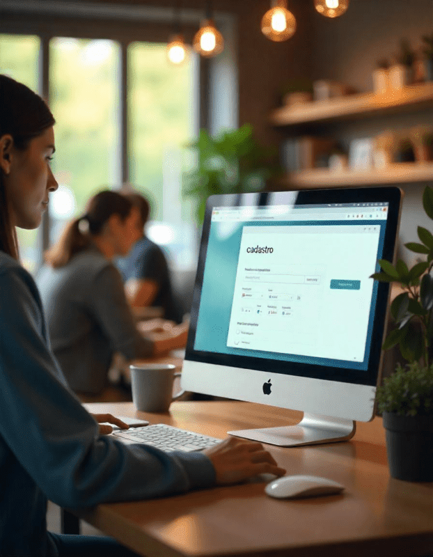 Mulher digitando em um computador em um ambiente moderno. Na tela, há uma página de cadastro com campos para inserção de informações. O espaço possui iluminação aconchegante, plantas e outras pessoas trabalhando ao fundo.